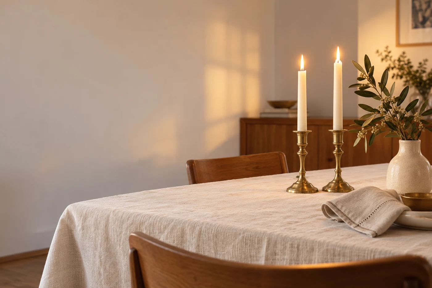 Table de Chabbat dressée, deux bougies allumées sur des chandeliers dorés